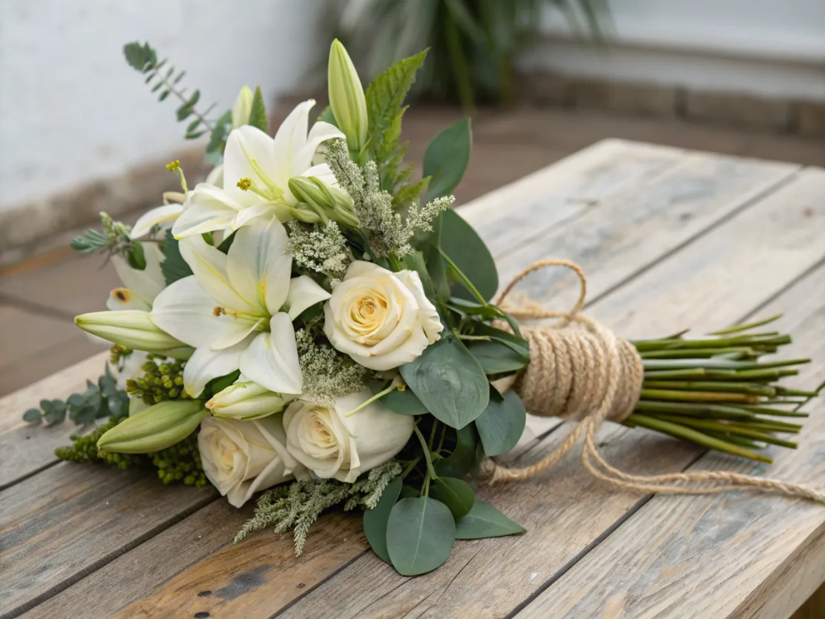 Elegantes weißes Trauerblumenarrangement auf Naturstein