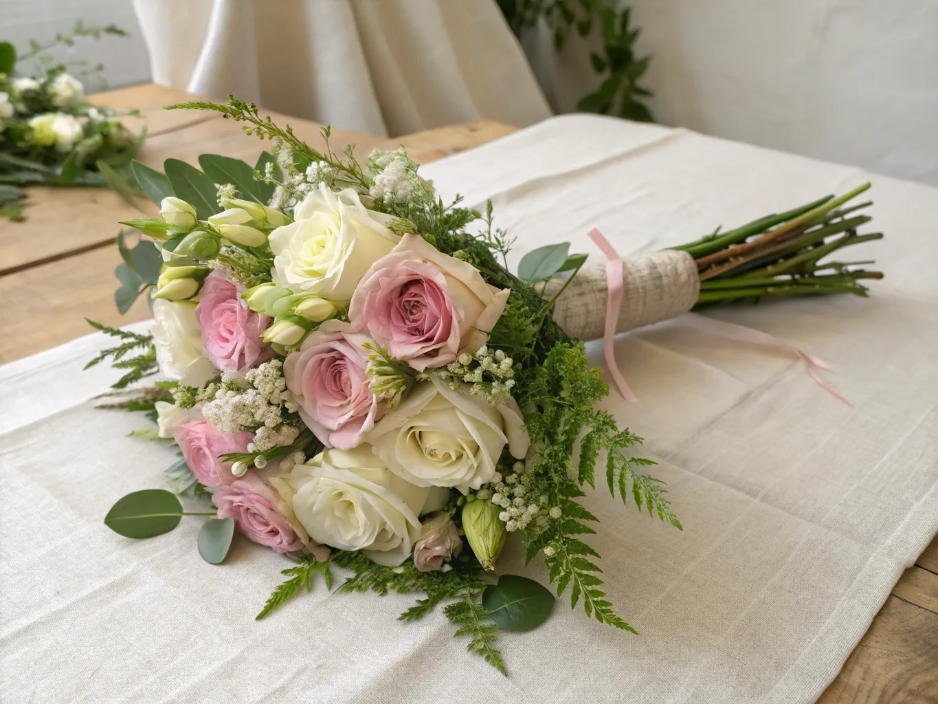 Eleganter handgebundener Geschenkstrauß auf Leinen