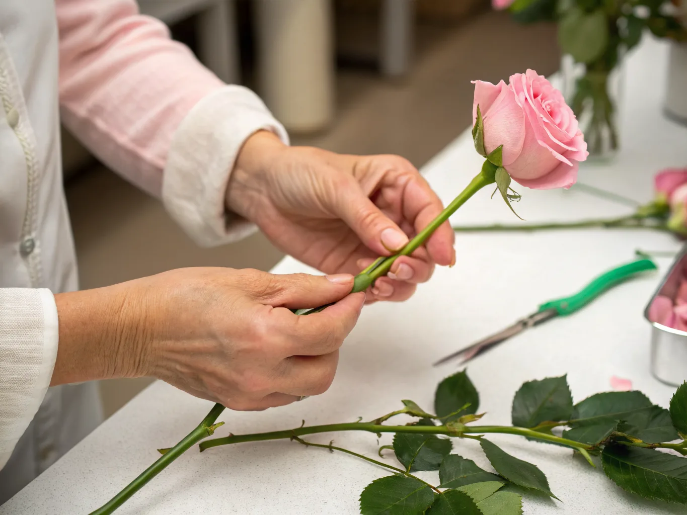 Florist prüft einen Rosenstiel auf Frische
