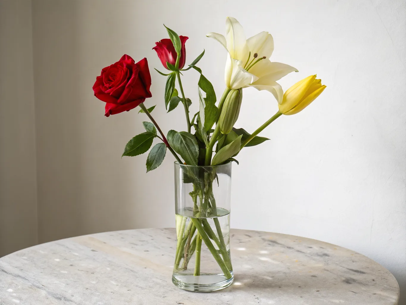 Drei symbolische Blumen — rote Rose, weiße Lilie, gelbe Tulpe